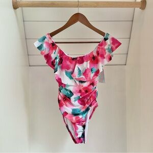 La blanca floral ruffle swimsuit